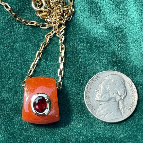 Vintage Genuine Orange Carnelian and Red Garnet 14k gold Pendant - beautiful! - Picture 7 of 16